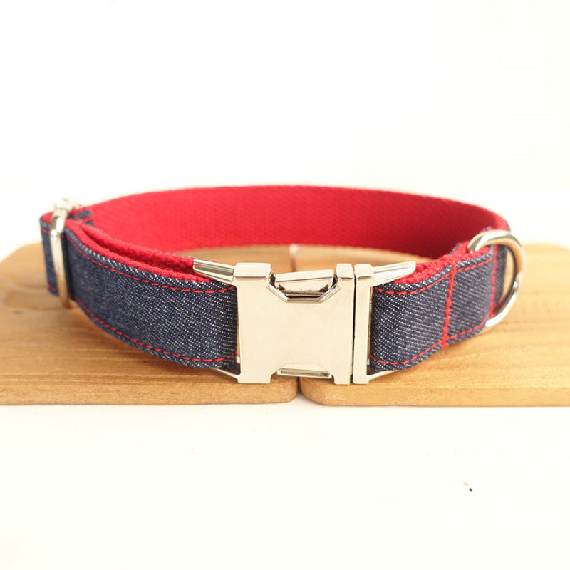 Denim style Dog collar and leash sets with bow tie with dog tag strong gold buckle