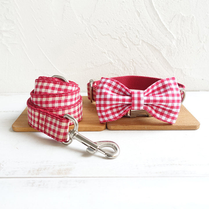 Red plaid Dog collar and leash sets with bow tie with dog tag strong gold buckle