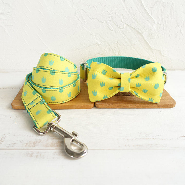 Dog collar and leash sets with bow tie with dog tag strong gold buckle yellow wave point