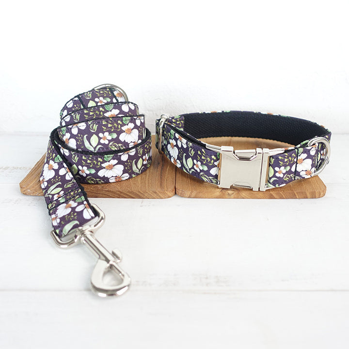 Dog collar and leash sets with bow tie with dog tag strong gold buckle black chrysanthemum