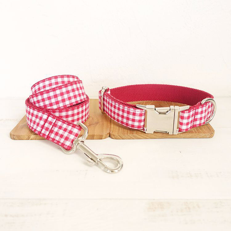 Red plaid Dog collar and leash sets with bow tie with dog tag strong gold buckle