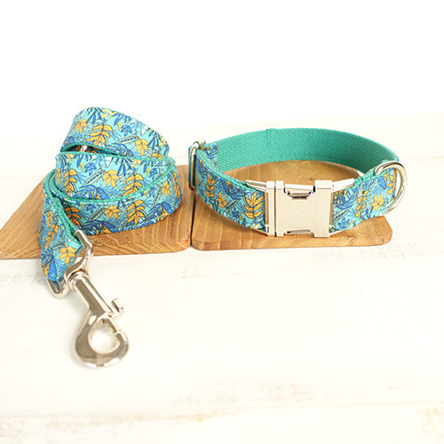 Dog collar and leash sets with bow tie with dog tag strong gold buckle leaf design