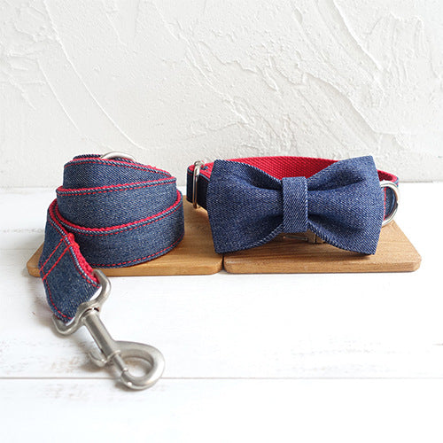 Denim style Dog collar and leash sets with bow tie with dog tag strong gold buckle