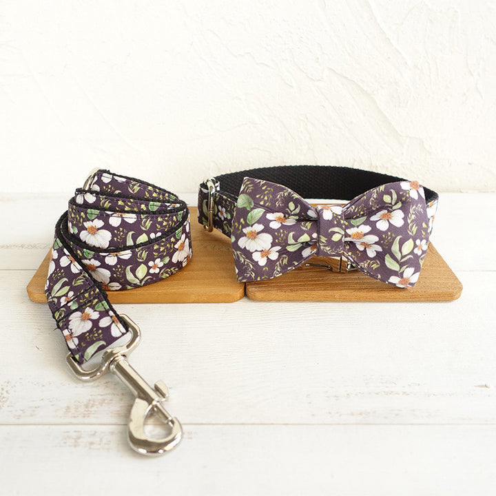 Dog collar and leash sets with bow tie with dog tag strong gold buckle black chrysanthemum